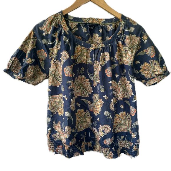 Tommy Hilfiger 100% Cotton Paisley Button Down Smocked Hem Puff Sleeve Blouse M - Picture 1 of 5